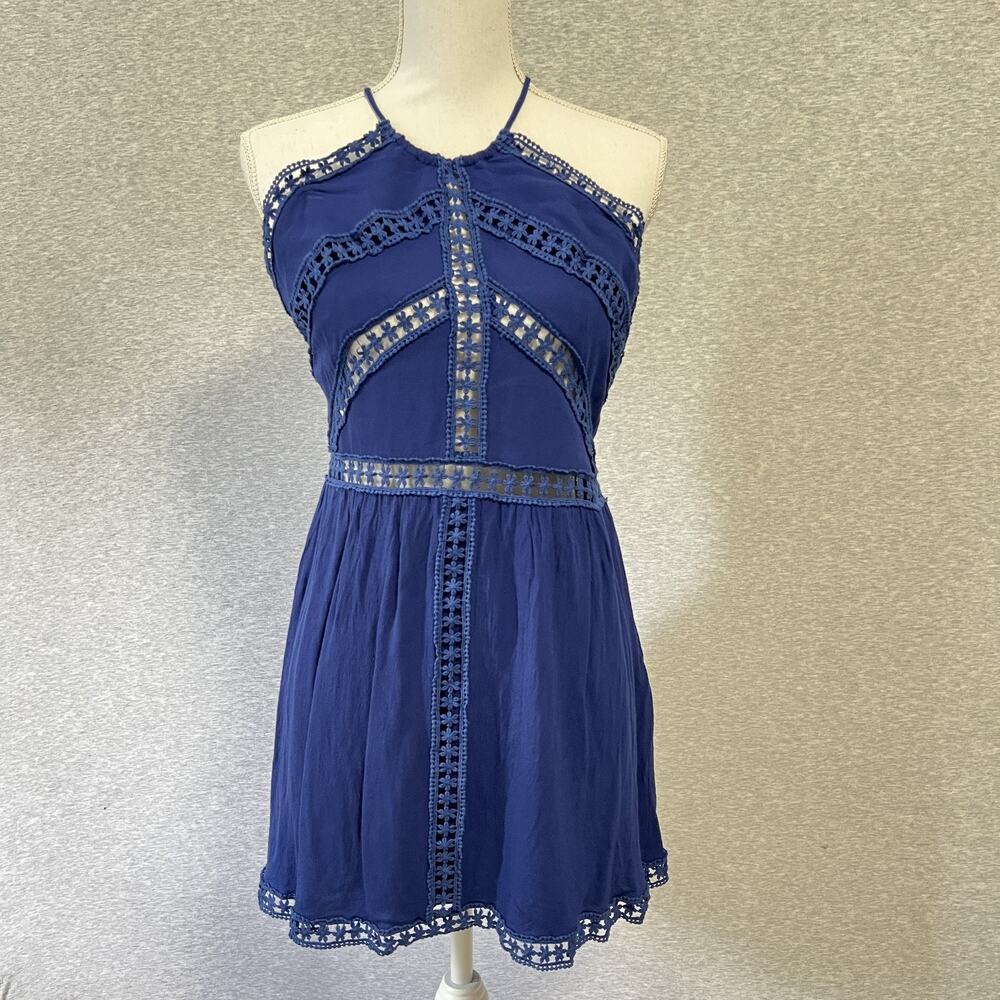 Lulus Dress Womens Large Blue Halter Lace Boho Lined Floral Crochet Cutout Party
